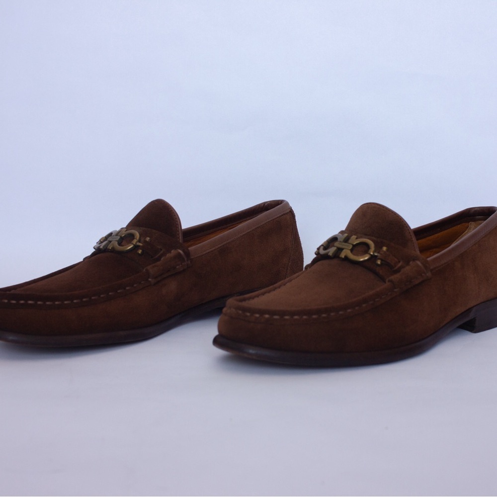 850$Ferragamo Moccasin Gancini Testa Di Moro Ornament Suede Mens SZ:9 - Picture 2 of 14